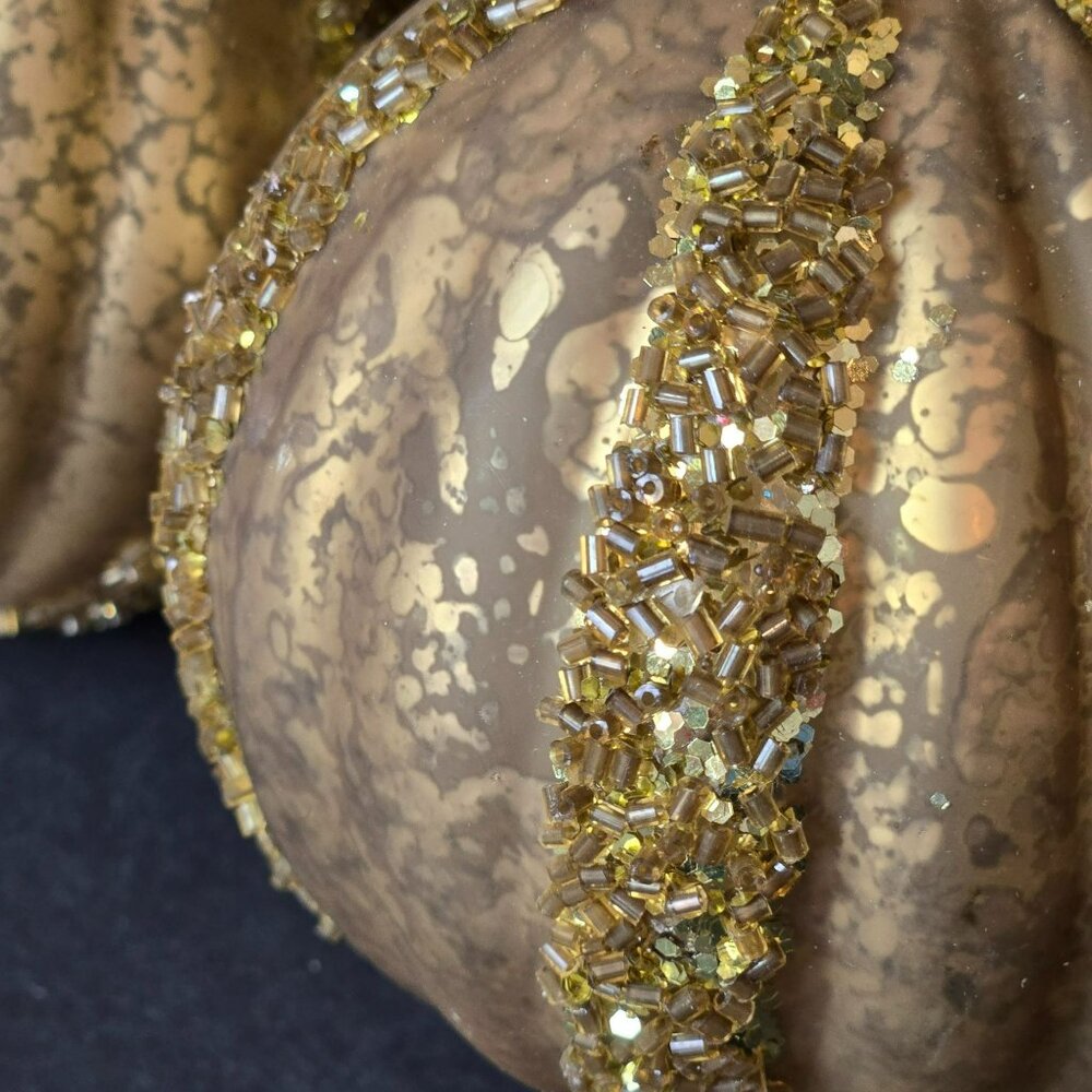 Frontgate Gold Glass Christmas Ornaments Set 2 Beaded Ribbed Crackle Finish 4" - Picture 2 of 7